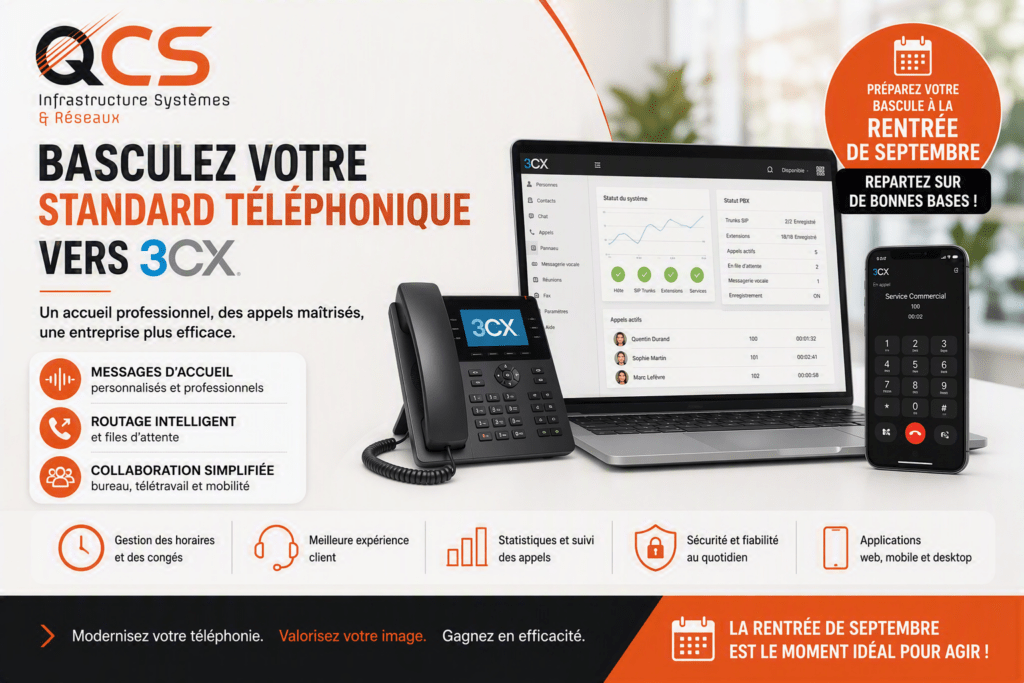 Bascule du standard téléphonique vers 3CX à la rentrée de septembre avec messages d’accueil professionnels personnalisés par QCS Afficher plus de lignes