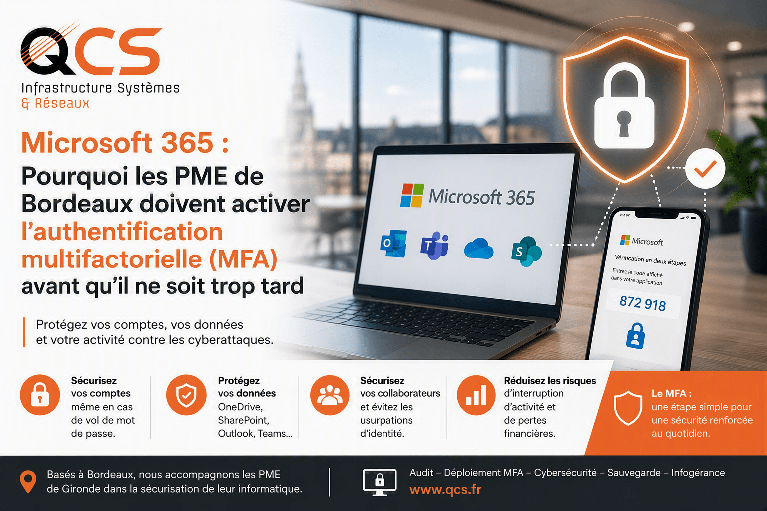 Sécurisation Microsoft 365 avec authentification multifacteur MFA pour les PME de Bordeaux accompagnées par QCS