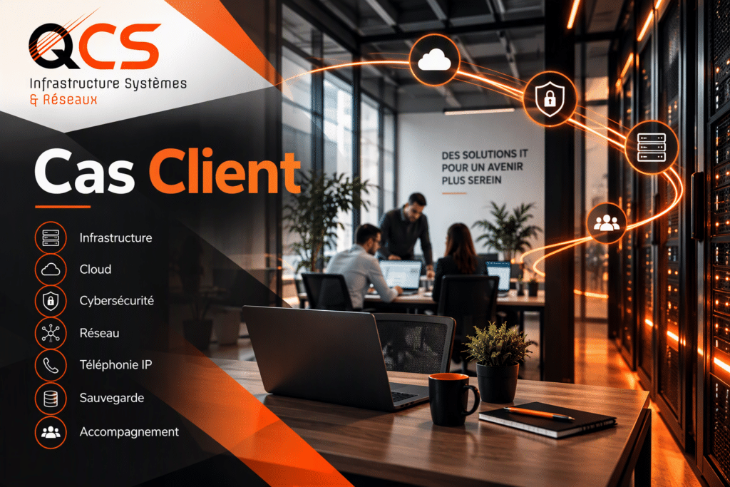 Visuel QCS Cas Client montrant un bureau moderne, des serveurs et des services informatiques sécurisés